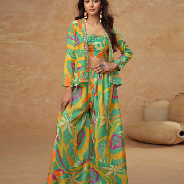 Anaita Parrot Green Real Chinon Stitched 3 Piece Suit with Printed & Embroidery hand work - Distacart