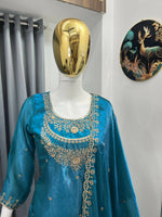 Thumbnail for Teeya Creation Teal Color Fendy Satin Silk Heavy Embroidery Work Sharara Suit - Distacart