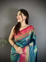 Thumbnail for Joban Fashion Teal Banarasi Soft Silk Peacock Butta Work Saree