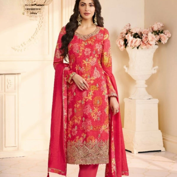 Anaita Red Chinon Stitched Suit with Multi Digital Print - Distacart
