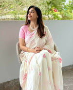 Thumbnail for Prime Volt Women's Cream Floral Digital Print Soft Linen Saree With Lace Border & Blouse - Distacart