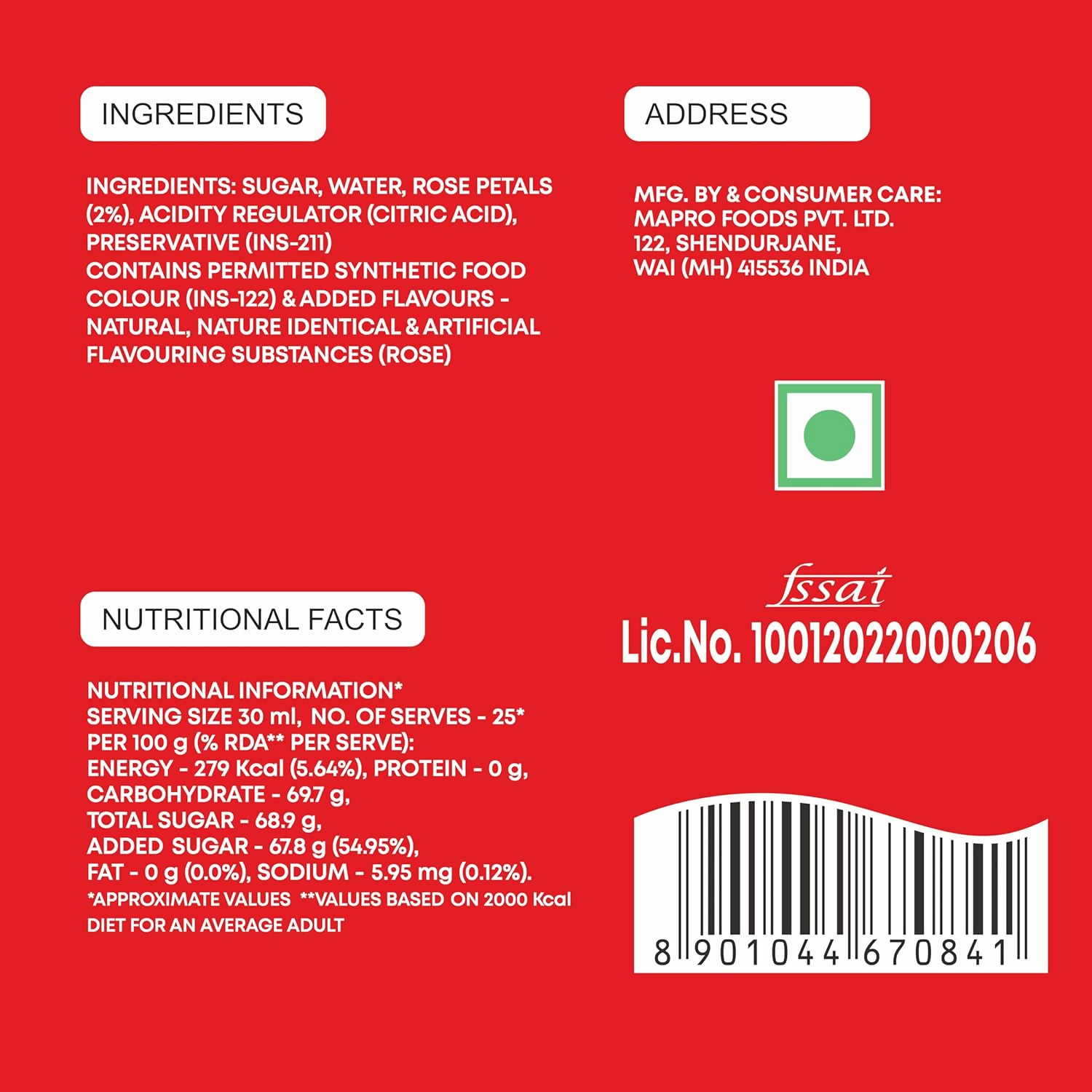 Mapro Rose Sharbat Gluten Free - Dista