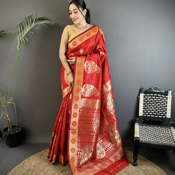 Joban Fashion Red Paisley Soft Silk Banarasi Saree - Distacart