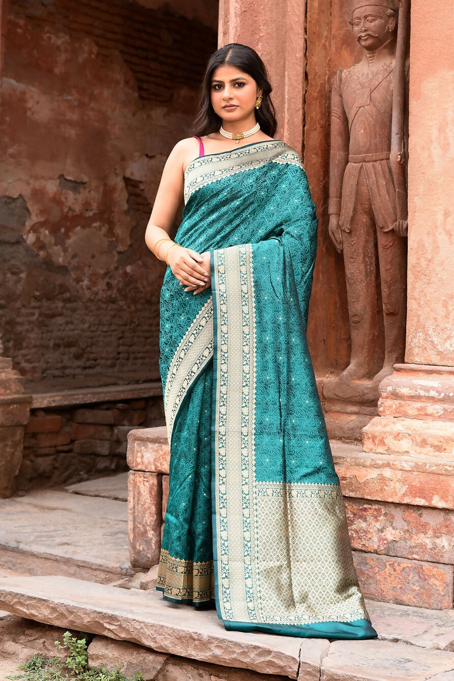 Joban Fashion Green Banarasi Katan Pure Handloom Banarasi Silk Saree - Dista