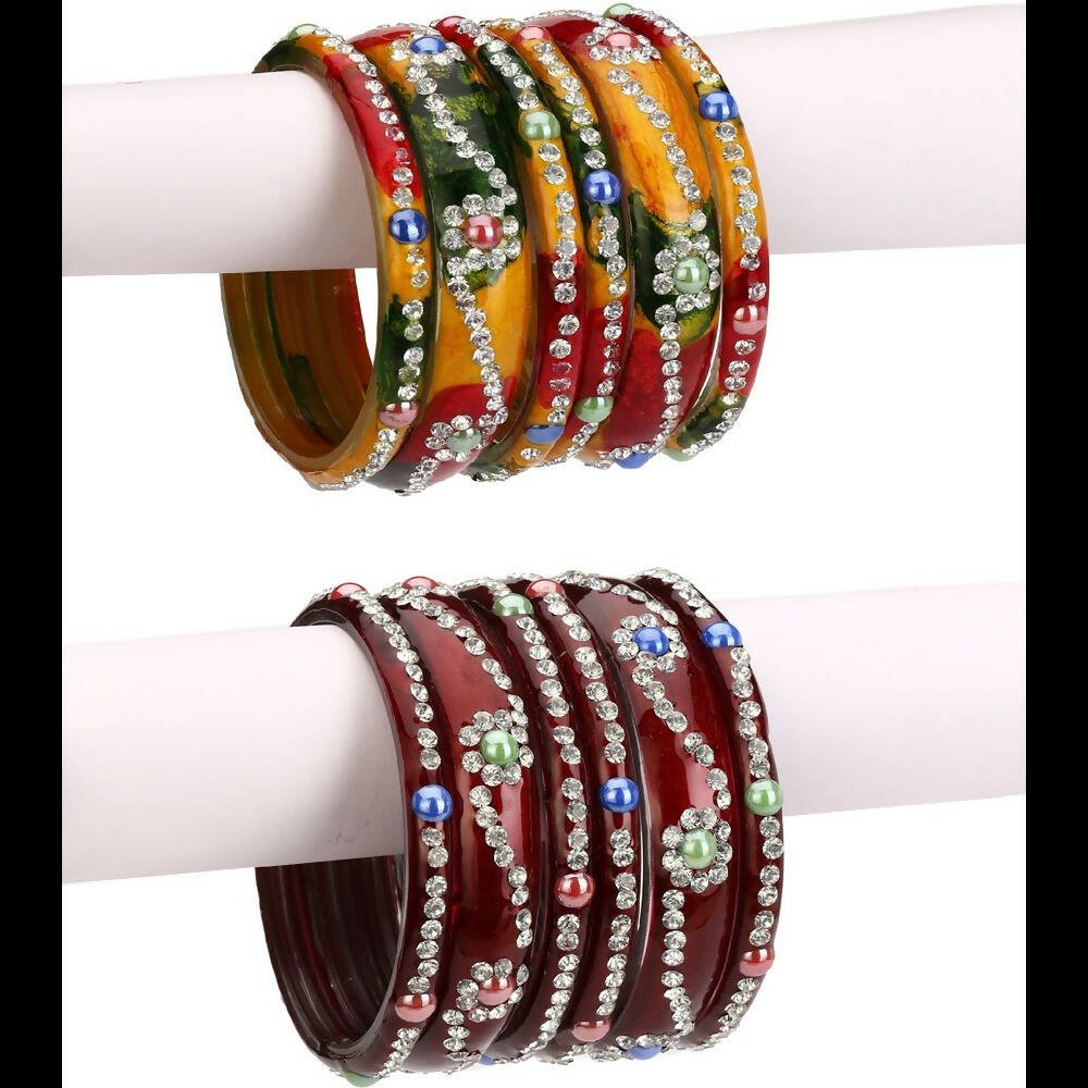 Afast Bridal Wedding & Party Fashionable Colorful Glass Bangle/Kada Set, Pack Of 12 - Yellow, Maroon - Distacart