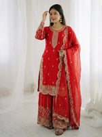 Thumbnail for Teeya Creation Red Color Fendy Silk Embroidery Work Wedding Wear Salwar Suit - Distacart
