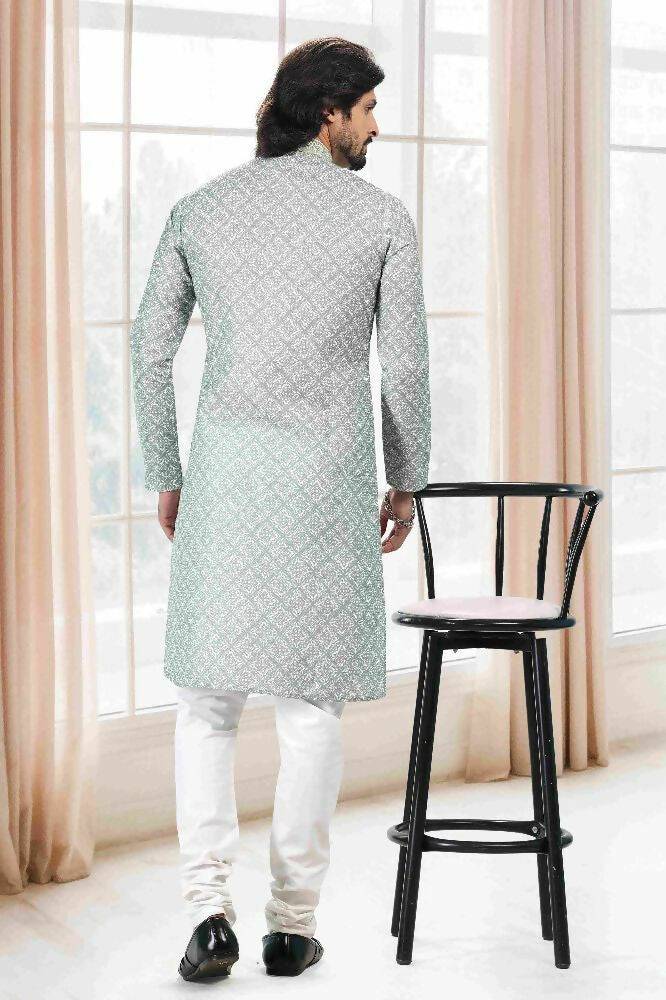 Raivat Ethnic Cotton Thread Work Kurta Pajama In Light Green Colour - Dista
