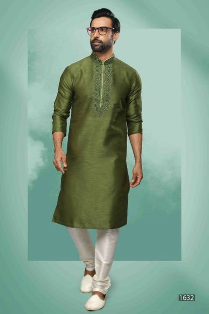 Raivat Ethnic Art Silk Mirror Embroidery Work Kurta Pajama In Green Colour - Dista