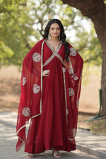 Thumbnail for Aastha Fashion Women's Maroon Faux Blooming Embroidery Zari Sequins-work Gown with Dupatta - Distacart