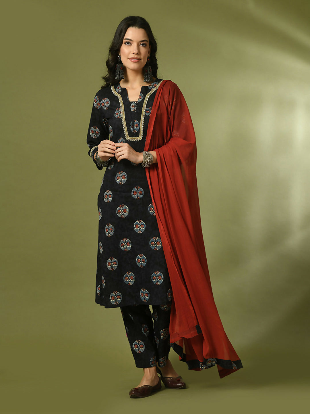 Myshka Women's Black Printed Cotton Straight Party Kurta Set With Dupatta - Distacart