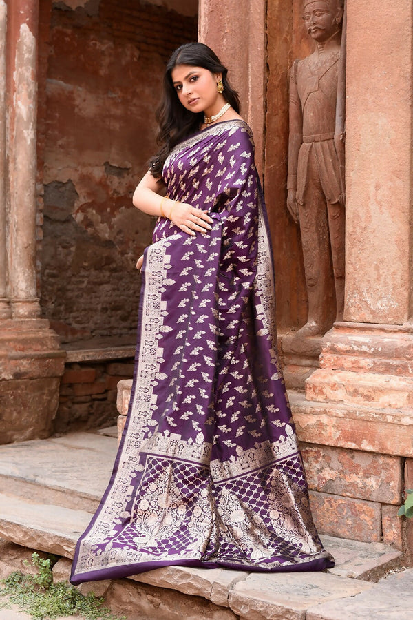 Joban Fashion Plum Purple Hand Woven & Zari Work Katan Pure Handloom Banarasi Silk Saree