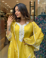Thumbnail for The52 Yellow Women's Gorgeous Embroidered Georgette Fabric Straight Kurta Pant with Dupatta Set - Distacart