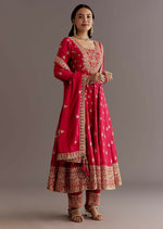 Thumbnail for Teeya Creation Red Color Chinnon Silk Embroidery Work Gown - Distacart