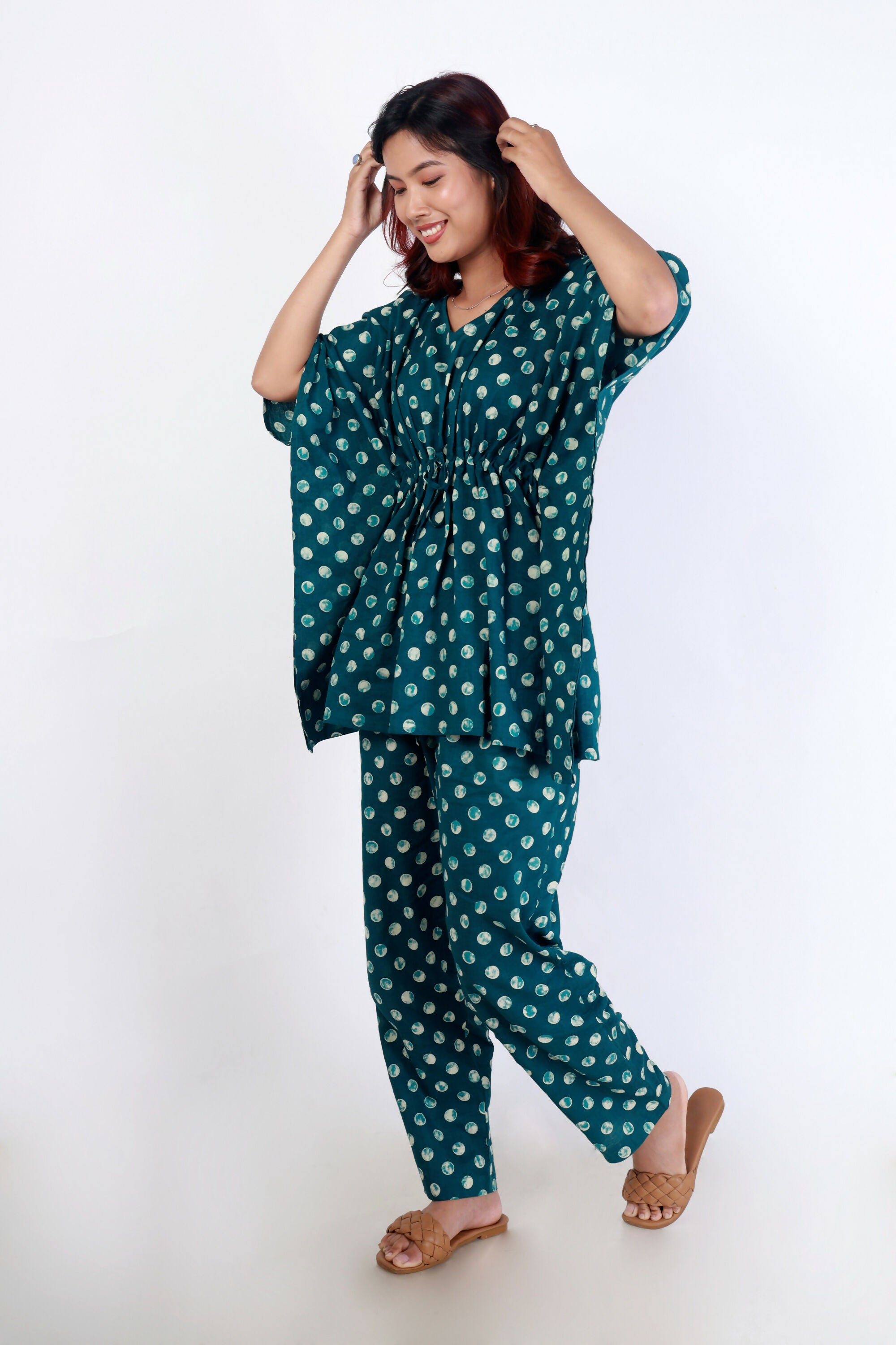 Breathables Green Polka Cotton Kaftan Co-Ord Set - Dista