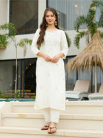 Thumbnail for The52 White Women's Beautiful Rayon Slub Fabric Embroidered Work Straight Kurta, Pant and Dupatta Set - Distacart