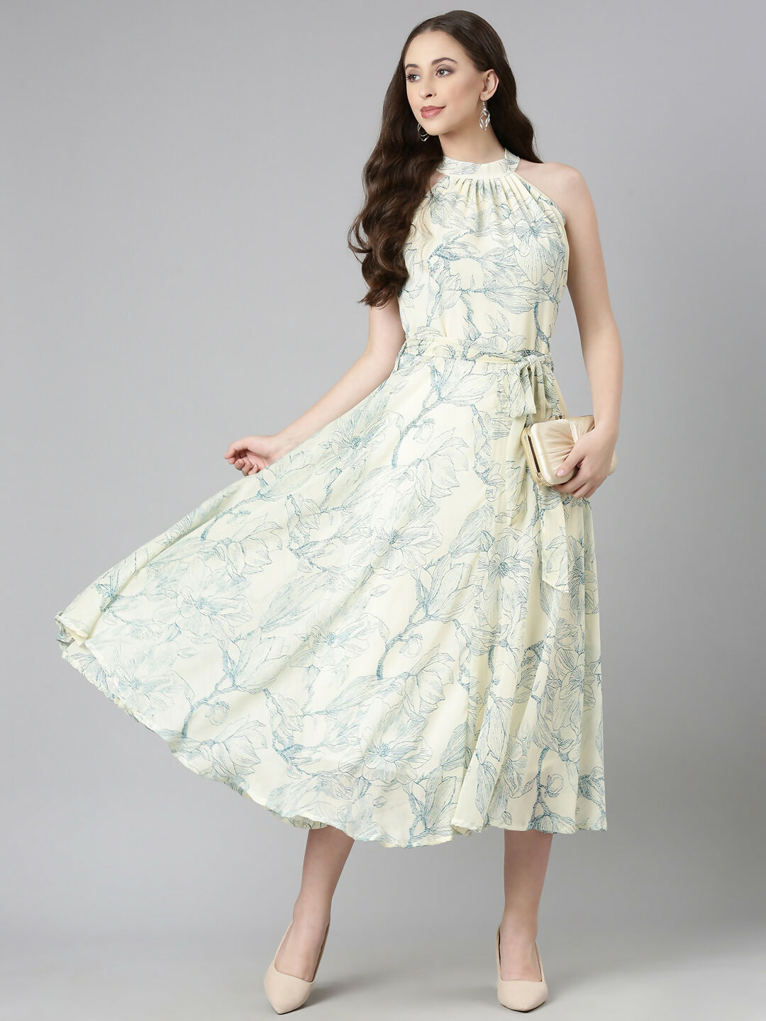 Souchii Cream & Blue Floral Chiffon Maxi Dress