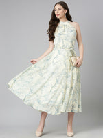 Thumbnail for Souchii Cream & Blue Floral Chiffon Maxi Dress