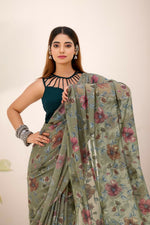 Thumbnail for Vastranavya Mehendi Lurex Brasso Floral Printed Saree with Unstitched Blouse - Distacart