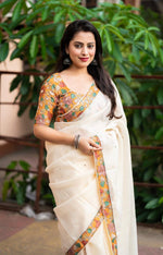 Thumbnail for Yellow Pure Linen Ethnic Motifs Saree with Unstitched Blouse - A2M