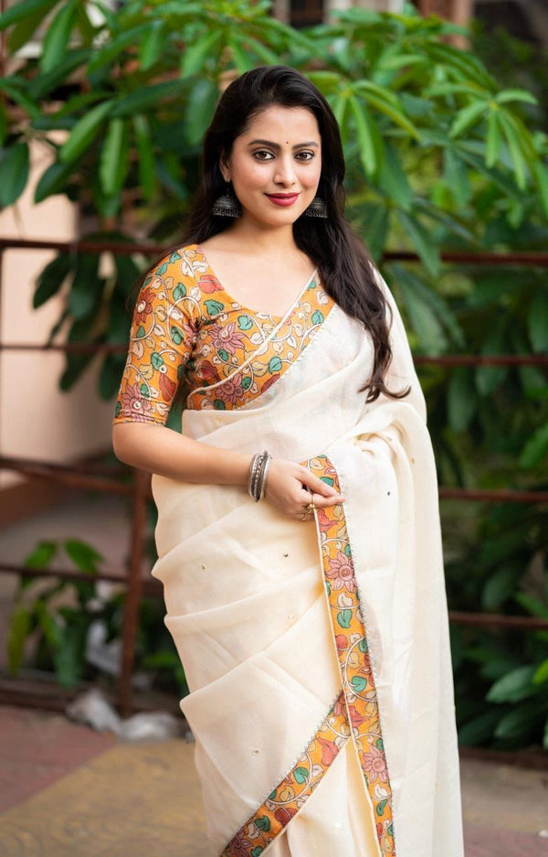 Yellow Pure Linen Ethnic Motifs Saree with Unstitched Blouse - A2M