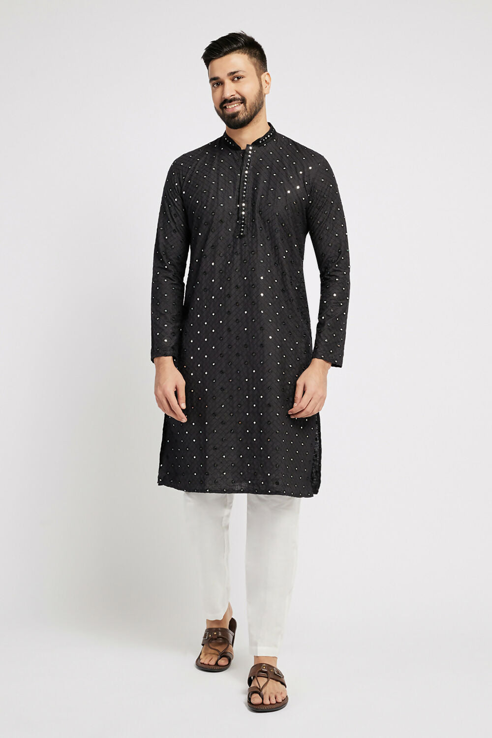 Ethnic India Black Men's Kurta Embellished Cotton - Distacart
