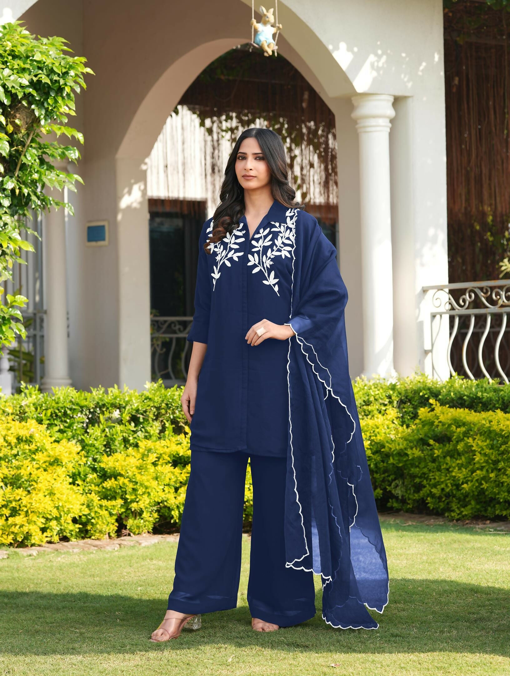 Nikhaar Navy Blue Embroidered Viscose Georgette Stitched Straight Cut Kurta Culottes Dupatta Readymade Suit - Dista