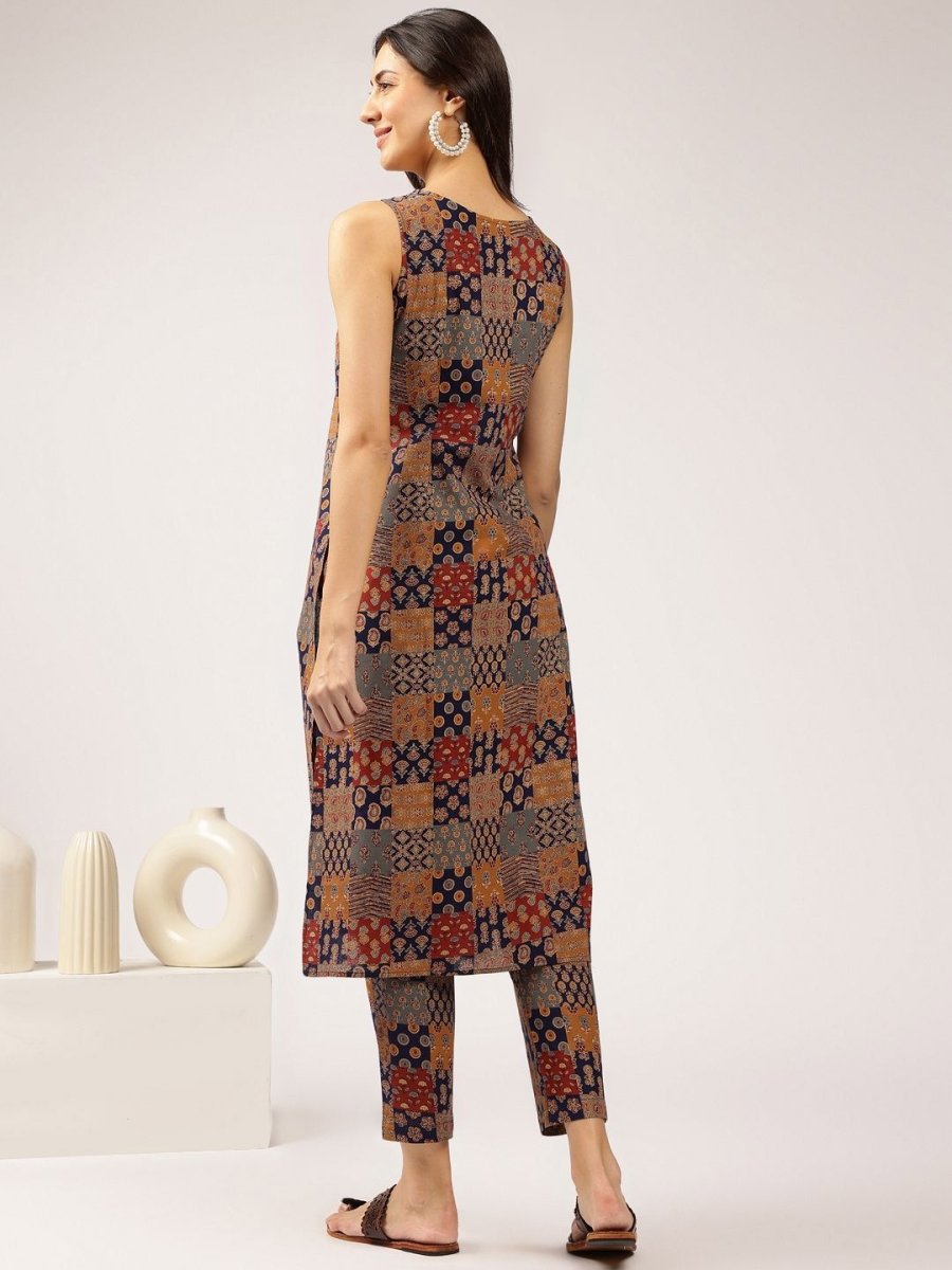 Anouk Navy Blue Floral Printed Pure Cotton Straight Kurta With Trousers