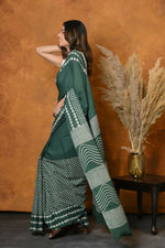 Thumbnail for Very Much Indian Handblock Printed Cotton Saree With Natural Dyes - Leaf Green - Distacart