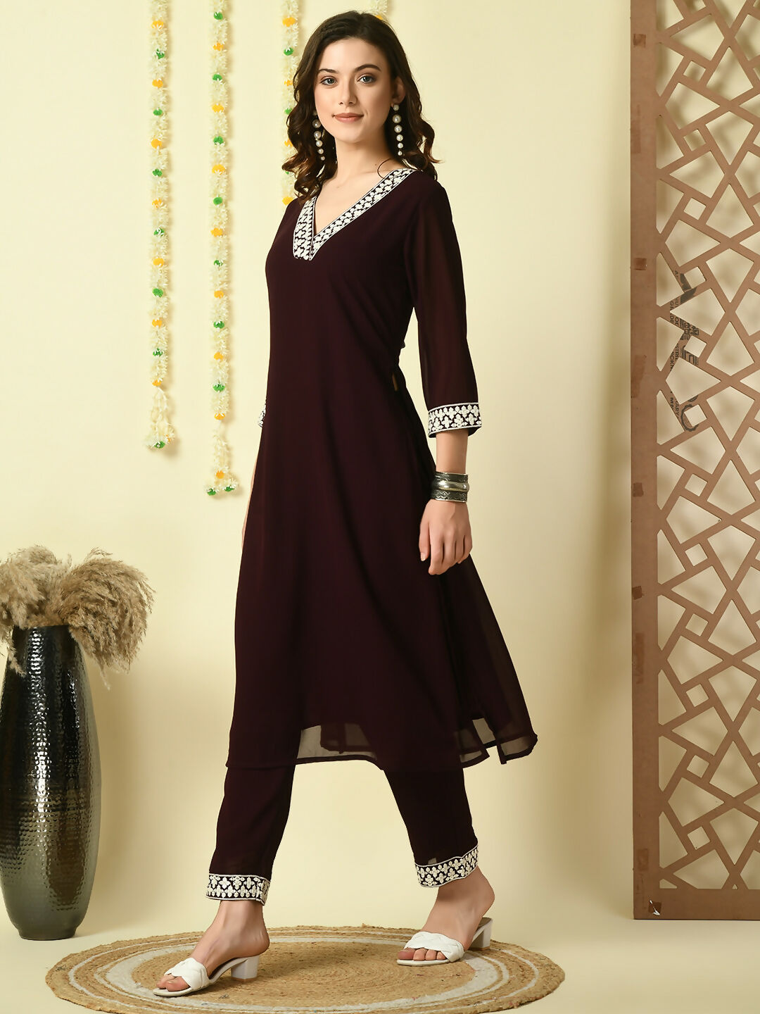 Myshka Women's Coffee Brown Georgette Kurta With Trousers Party Sets - Distacart