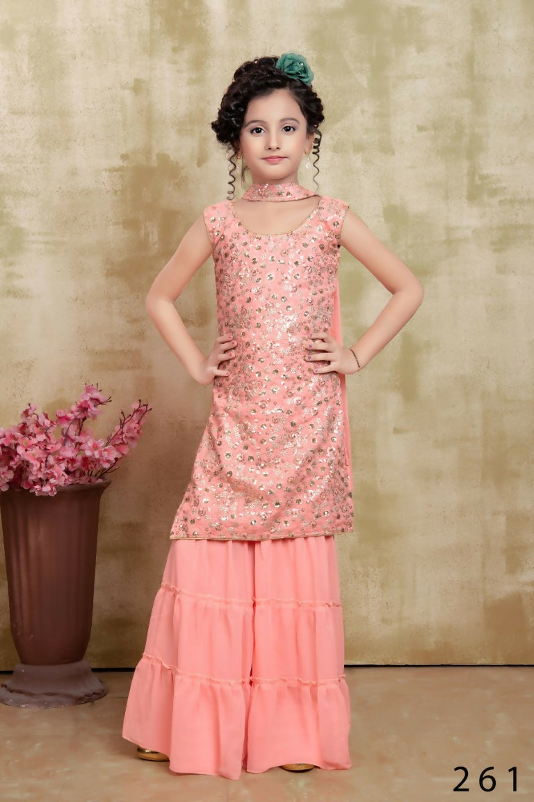 Kids Wedding Designer Pink Fox Georgette Sharara Suit - Aaradhna - Distacart