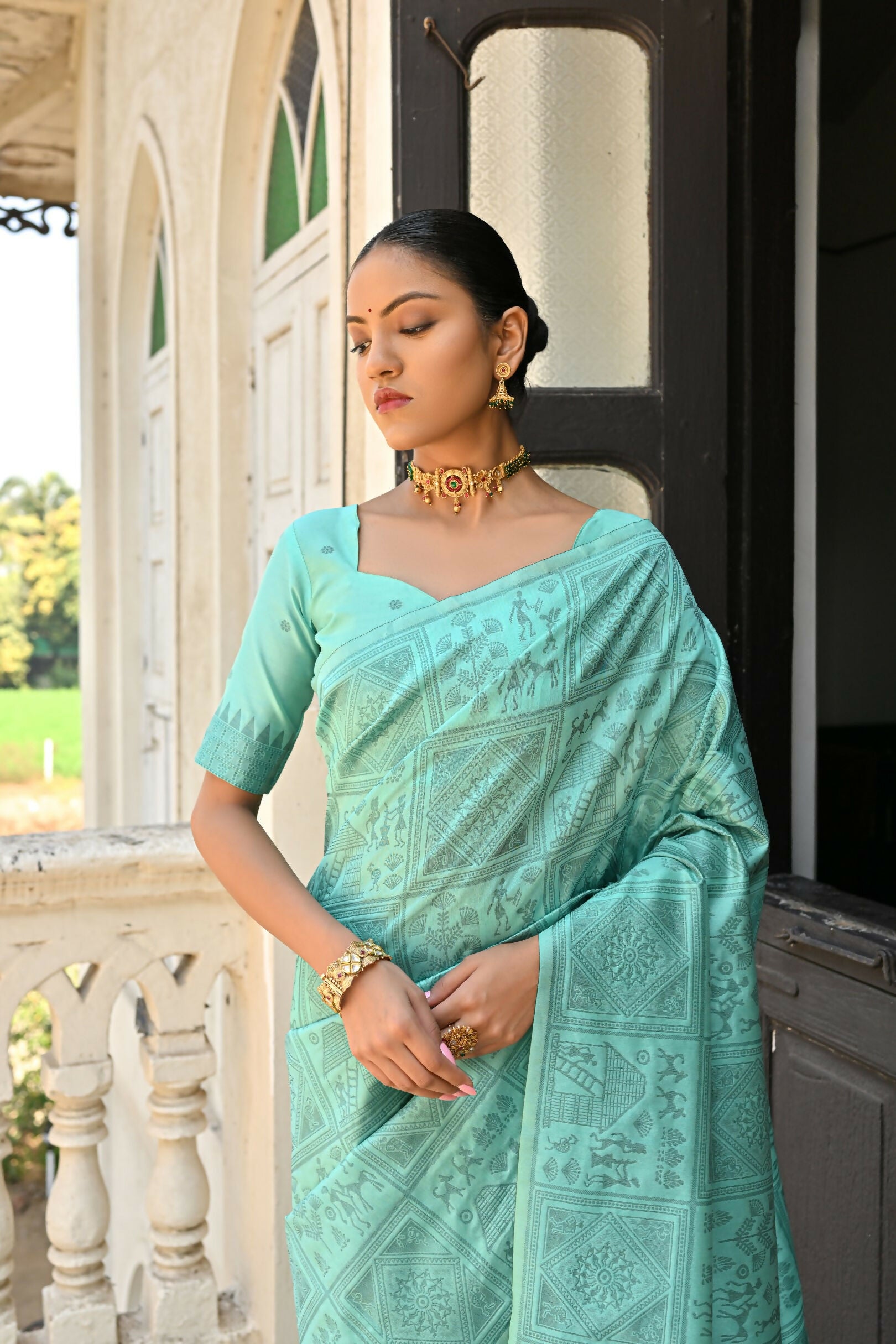 Vishnu Weaves Women's Sea-Green Handloom Raw Silk Saree with Blouse - Distacart