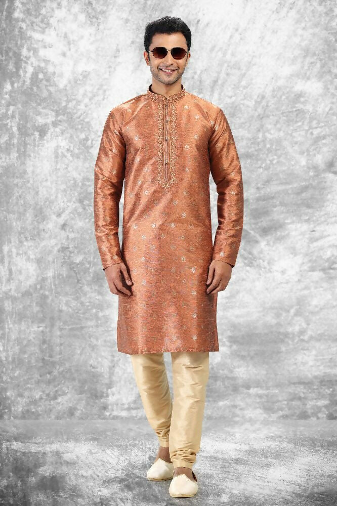 Raivat Ethnic Jacquard Silk Brocade Thread Work Kurta Pajama In Rust Brown Colour - Distacart