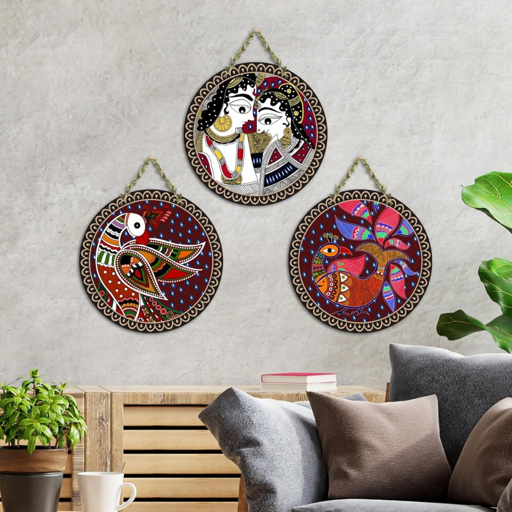 Artvibes Madhubani Folk Art Round Shape MDF Wooden Wall Decor Items - Dista