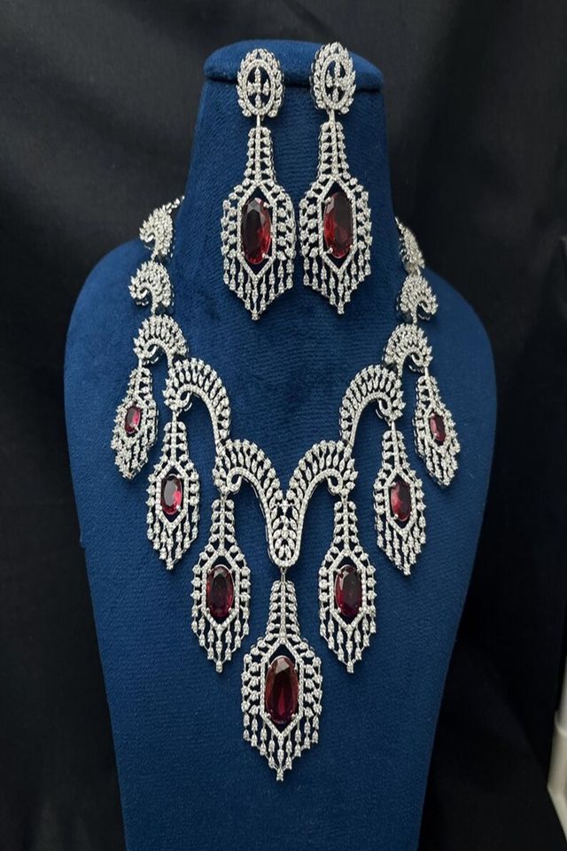Vastrabhushan Ruby Red Crystal Bridal Necklace Set|Silver Toned Choker Earrings - Dista