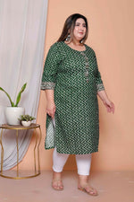 Thumbnail for Miravan Womens Plus Size Green Zigzag Print Embroidery Rayon Straight Kurta - Distacart