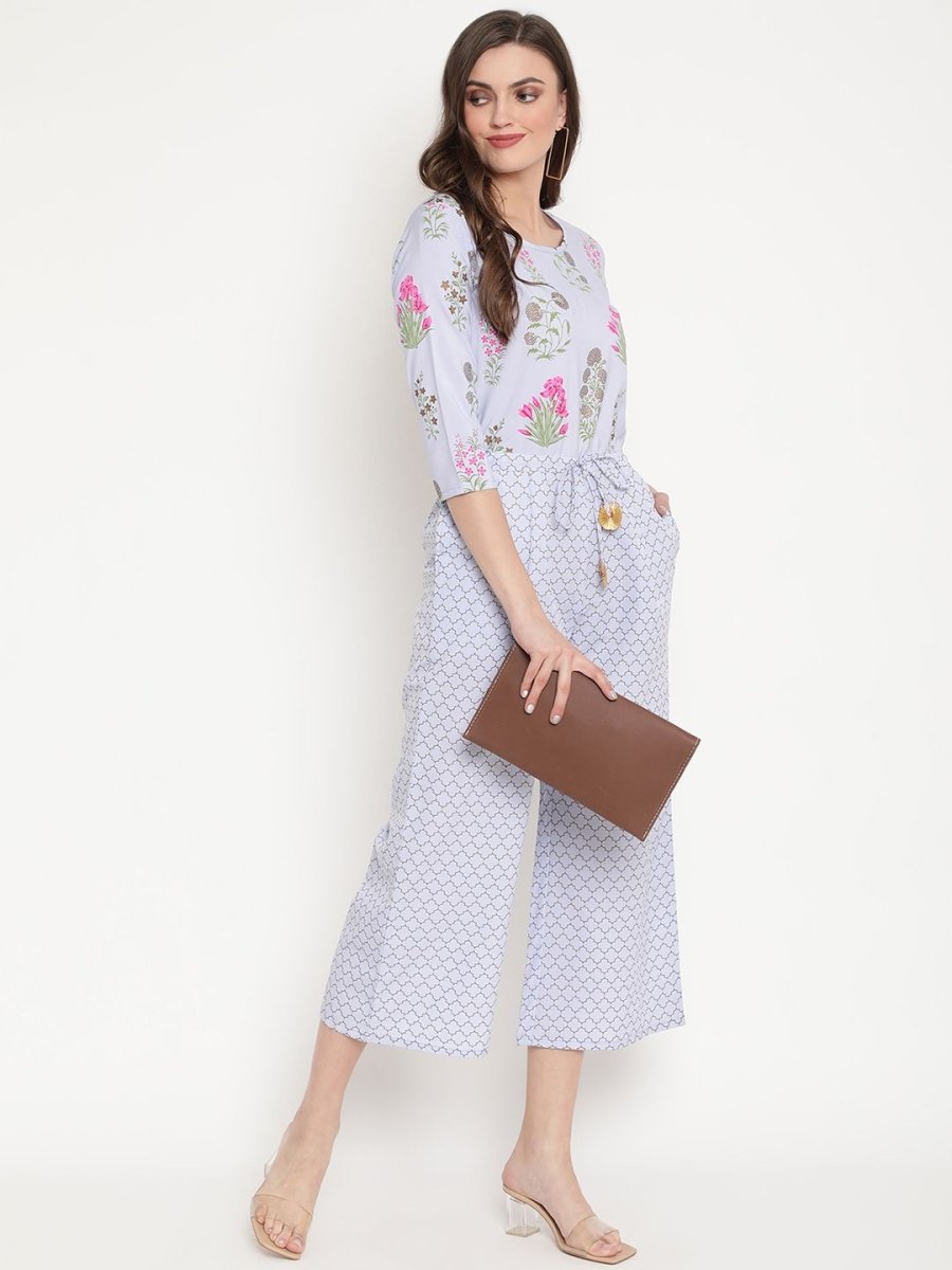 Ahalyaa Womens Blue Crepe Printed Jumpsuit