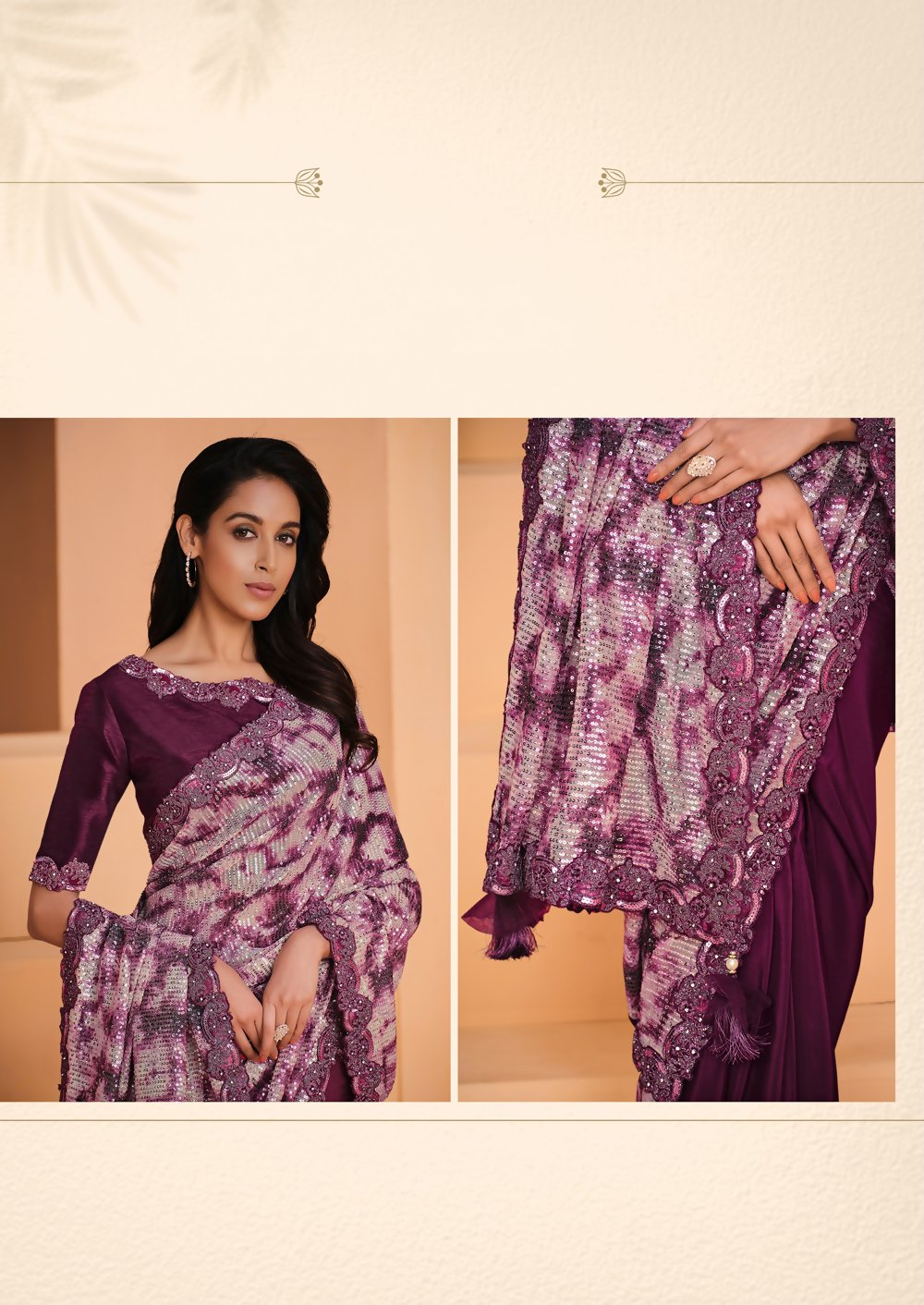 Wine Satin Crepe Silk Embroidery with Digital Sequence Work Saree - Norita Helly - Distacart