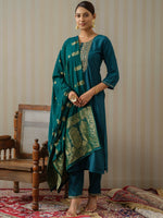 Thumbnail for Ode by House of Pataudi Ethnic Motifs Embroidered Straight Kurta & Trousers With Dupatta - Distacart