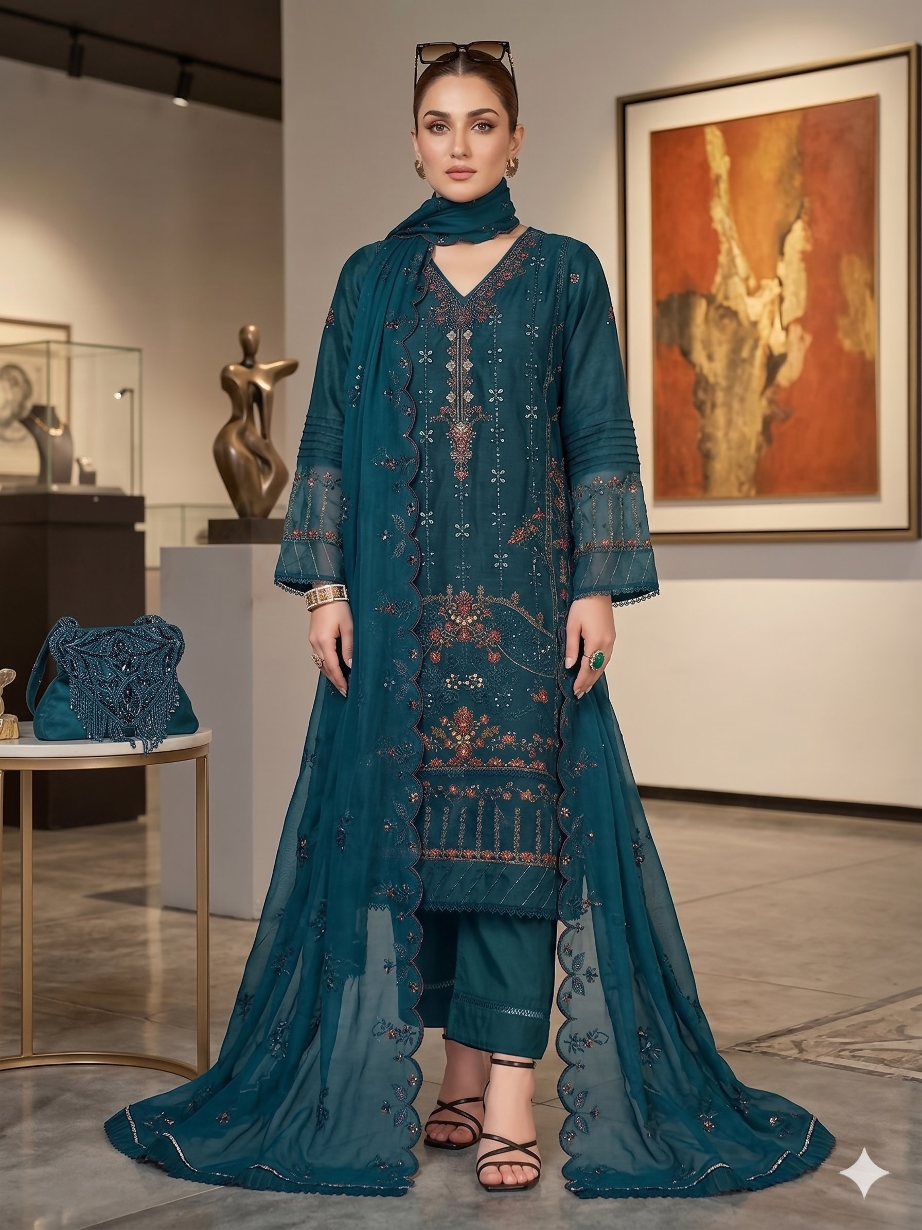 Teeya Creation Womens New Net With Heavy Embroiedery With Sequence Work Kurta Set - Dista