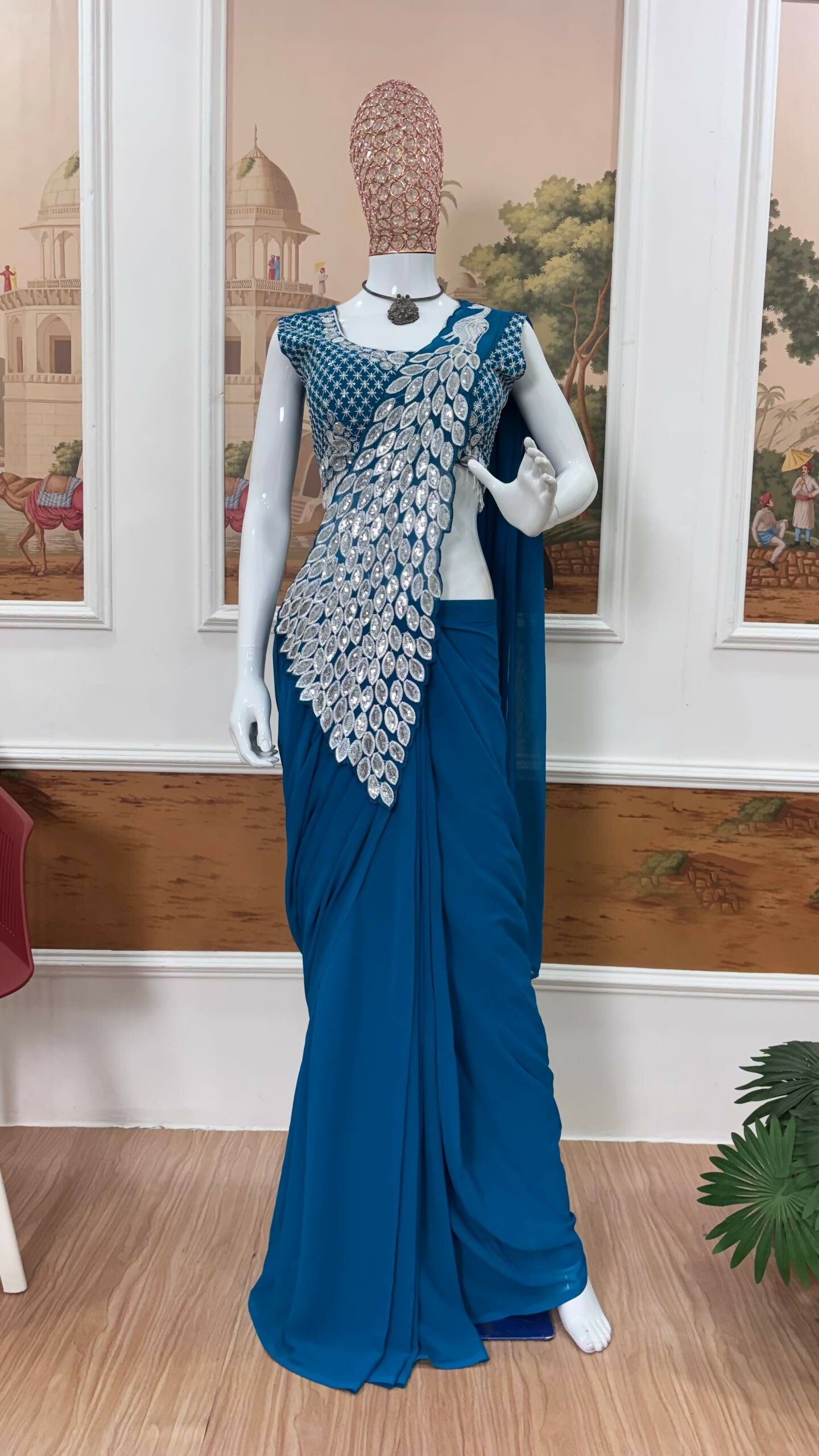 Teeya Creation Blue Color Faux Georgette Embroidery Work Party Wear Ready To Wear Saree - Distacart