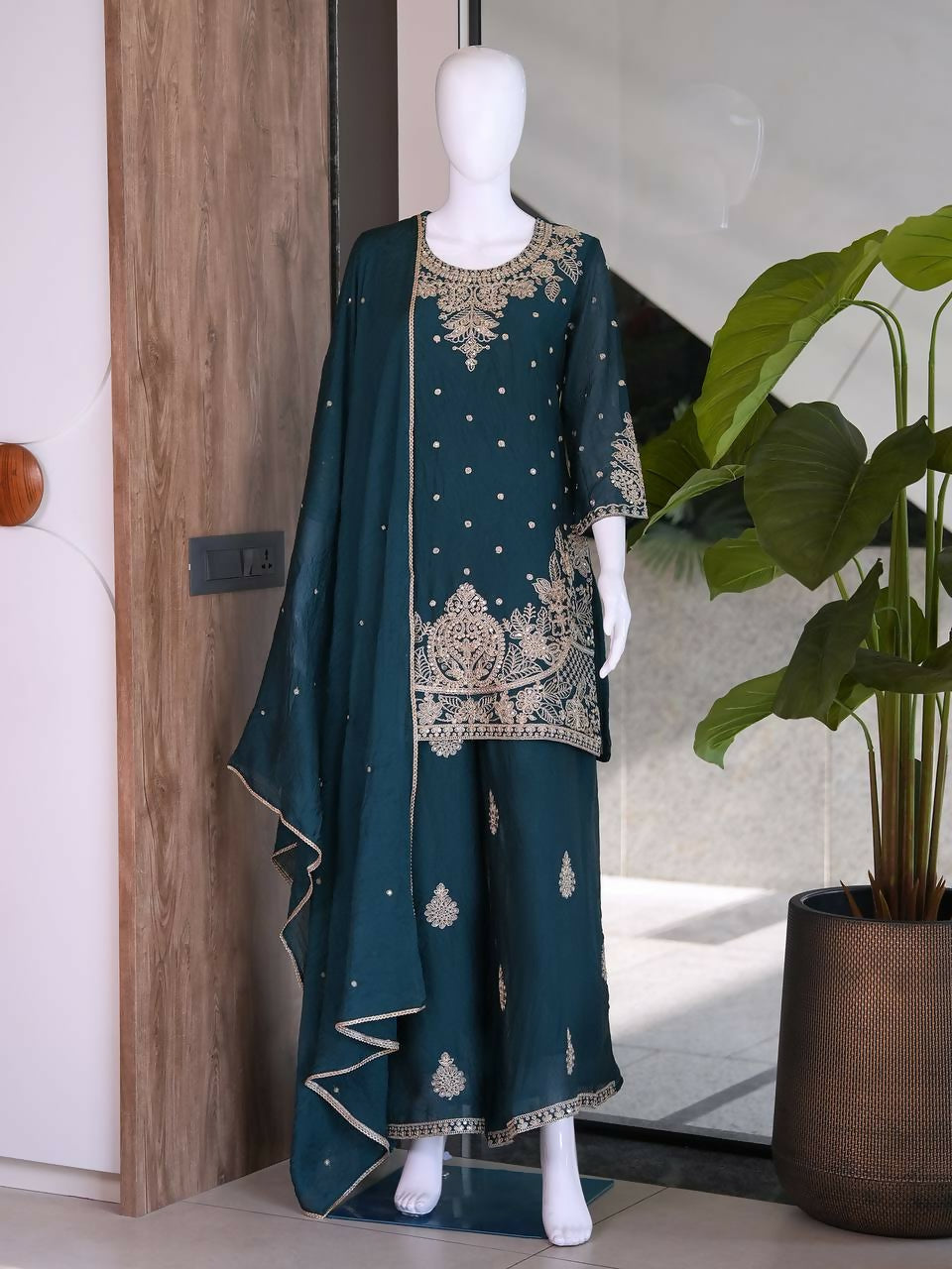 Teeya Creation New Latest Stylish Kurta Palazzo Set - Teal - Dista