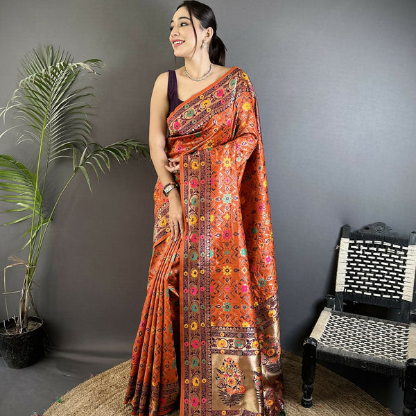 Joban Fashion Orange Banarasi Soft Silk Woven Saree