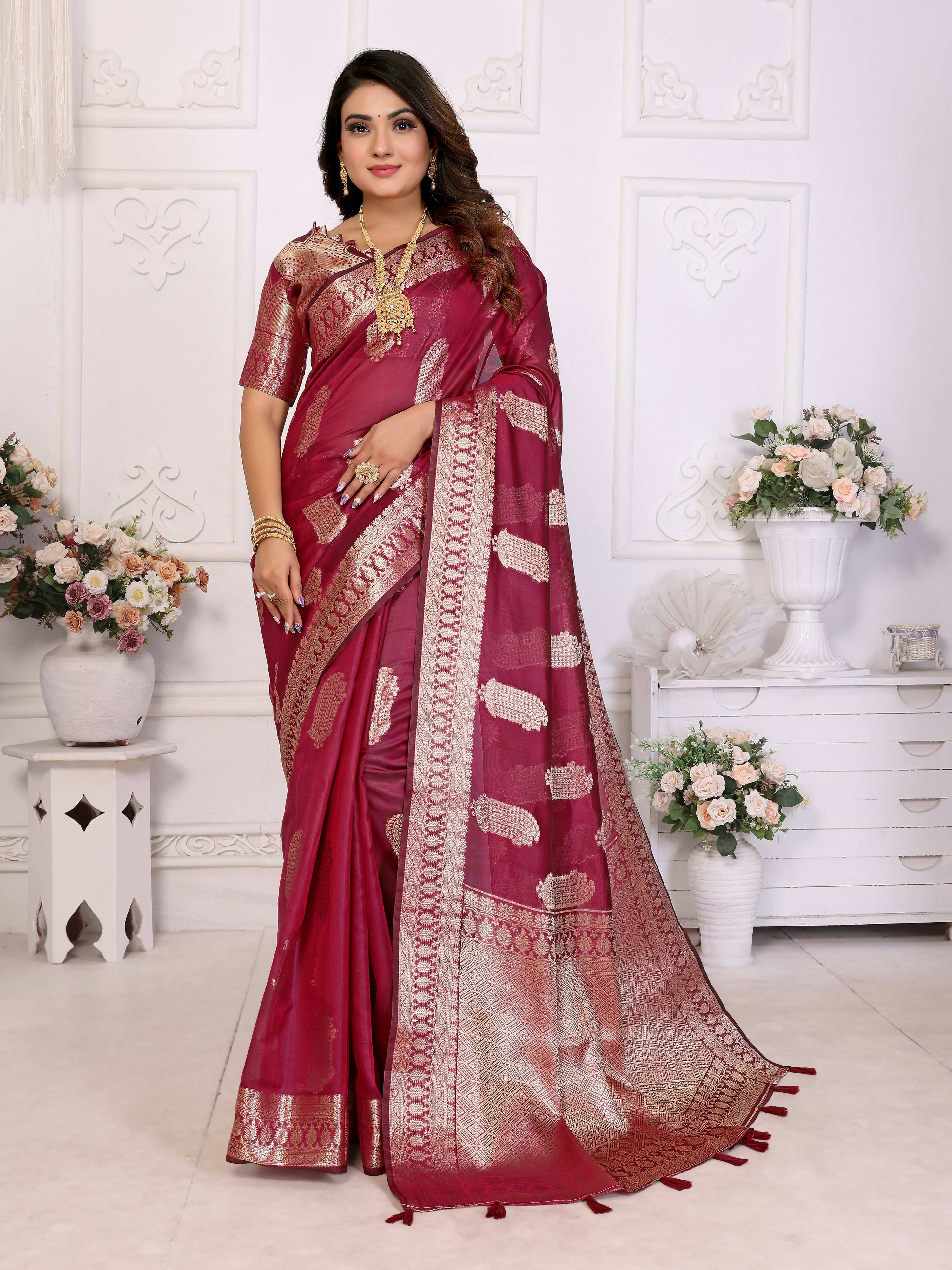Aastha Fashion Wine Soft Organza Silk Weaving Saree - Distacart