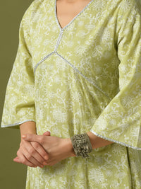 Thumbnail for Myshka Women'sLime Green Printed Cotton Anarkali Party Kurta Set - Distacart