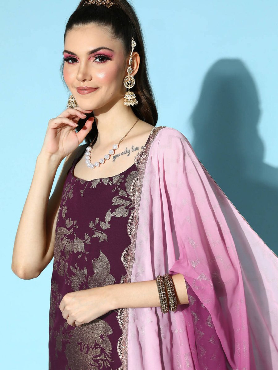 Ahalyaa Women's Wine Crepe Gold Smoke Printed Kurta Pant Set With Dupatta - Distacart