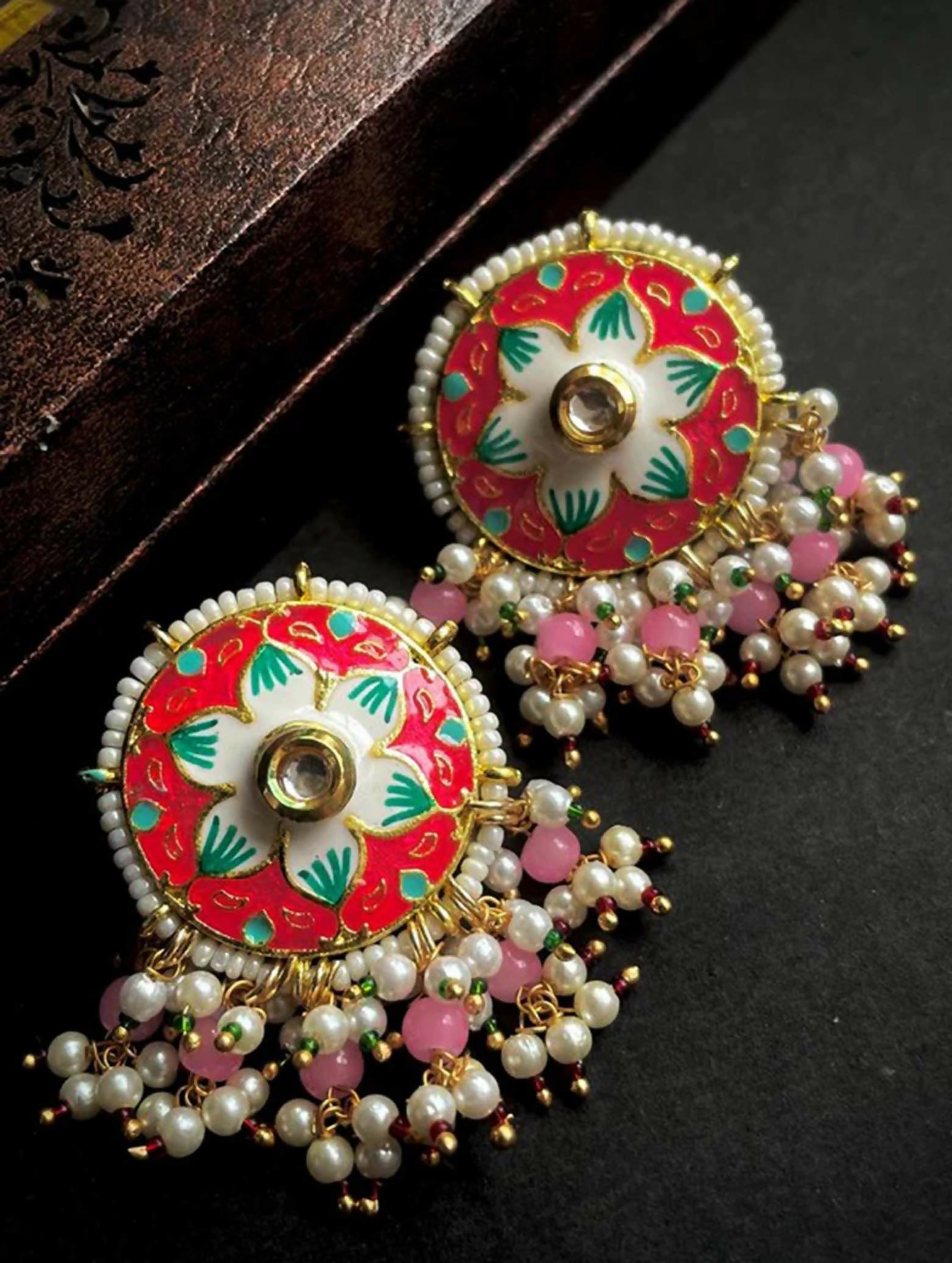 Joban Fashion Women Pink Meenakari Flower Print Ethnic Trendy Stud Earring