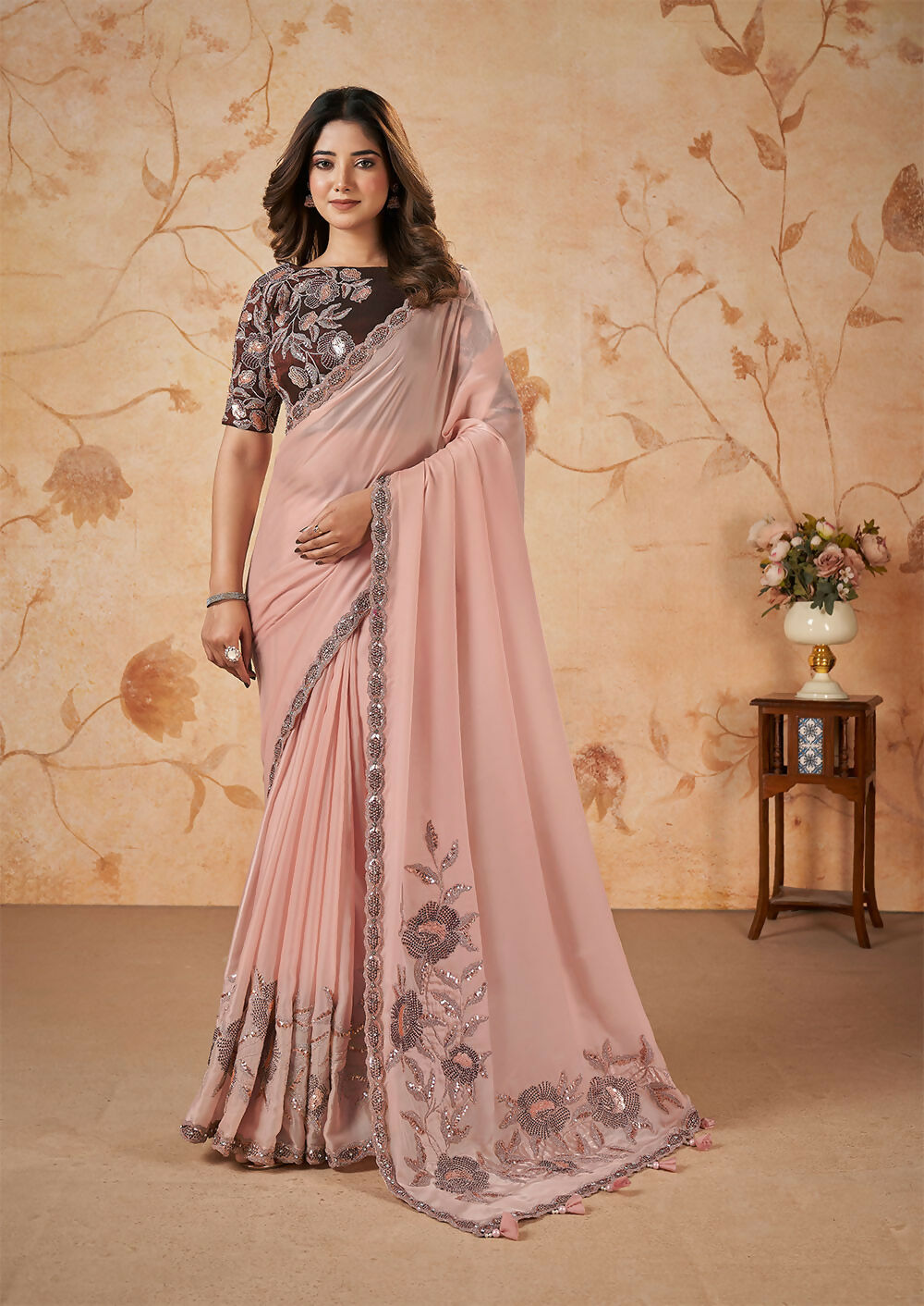 Peach Crepe Satin Silk Thread, Sequence, Cord Embroidered with Stone Work Saree - Mohmanthan Dakshika - Distacart