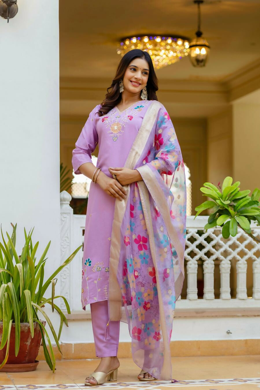The52 Lavender Women's Gorgeous Embroidered work Viscose Gadhwal Fabric Straight Kurta, Pant and Dupatta Set - Distacart