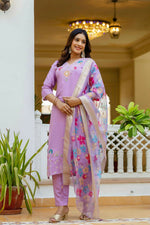 Thumbnail for The52 Lavender Women's Gorgeous Embroidered work Viscose Gadhwal Fabric Straight Kurta, Pant and Dupatta Set - Distacart