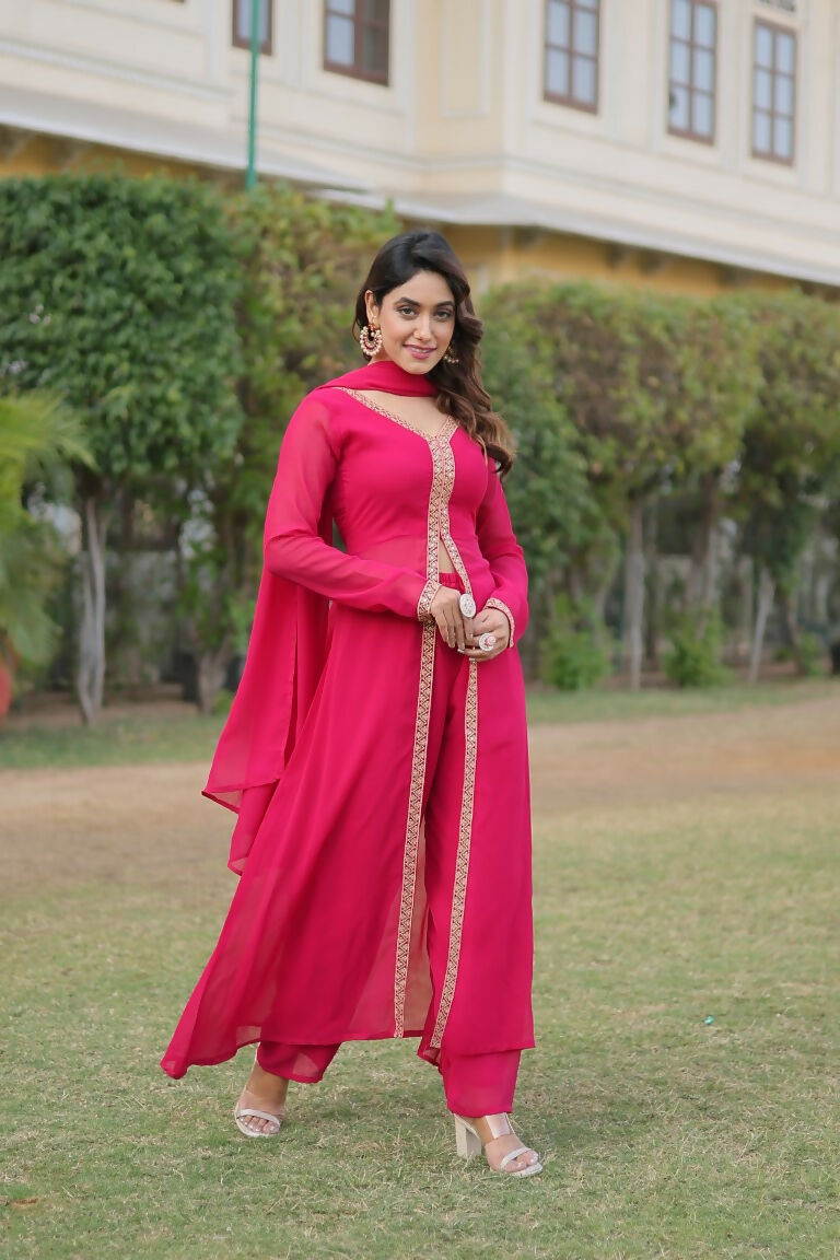 Jyoti Fashion Women's Pink Faux Blooming Embroidered Kurta with Trouser & Dupatta - Distacart